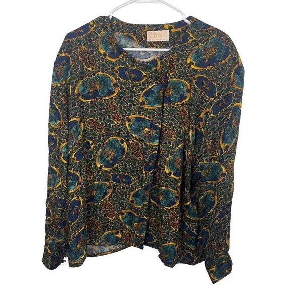 Vintage Pendleton Blue Gold Chain Link Horses 100% Rayon Size‎ 16 Blouse - Picture 1 of 7